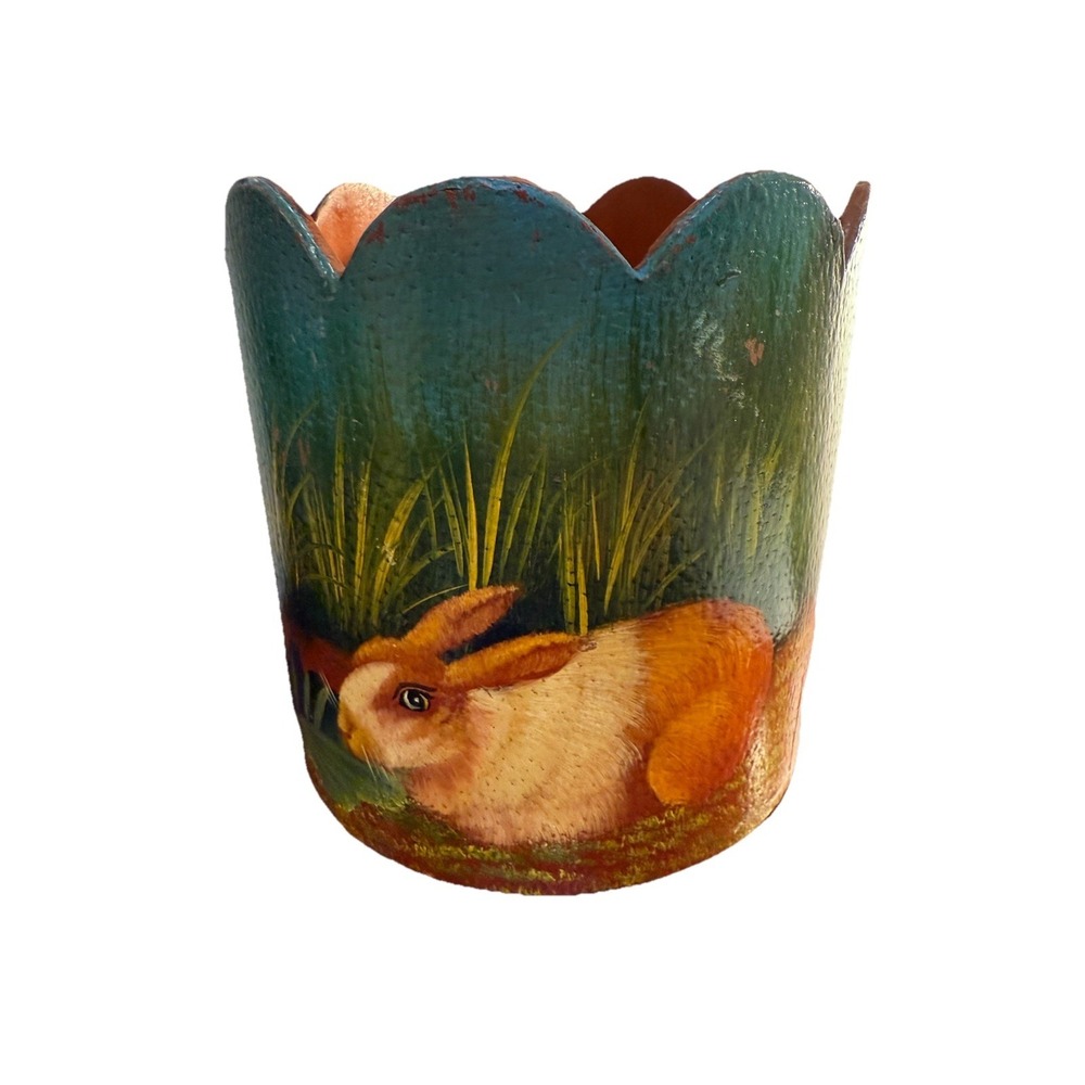 Vintage Oval Wooden Cache Pot Planter Scalloped Handpainted Bunny‎ Rabbit 8 x 8"